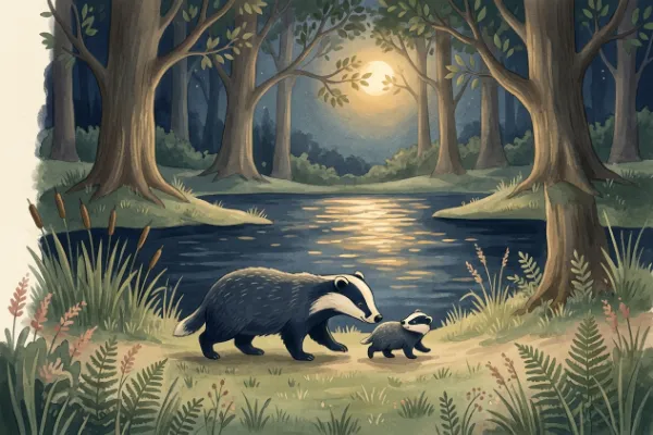 Kleiner Dachs und seine Mama sitzen am stillen See im Mondlicht – Illustration zu Der kleine Dachs und die Nachtwanderung