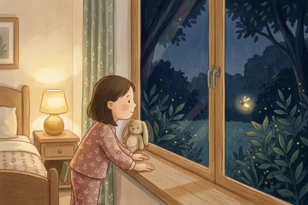 Mädchen am Fenster beobachtet ein sanft leuchtendes Glühwürmchen im abendlichen Garten – Illustration zu Emmi und das Glühwürmchen