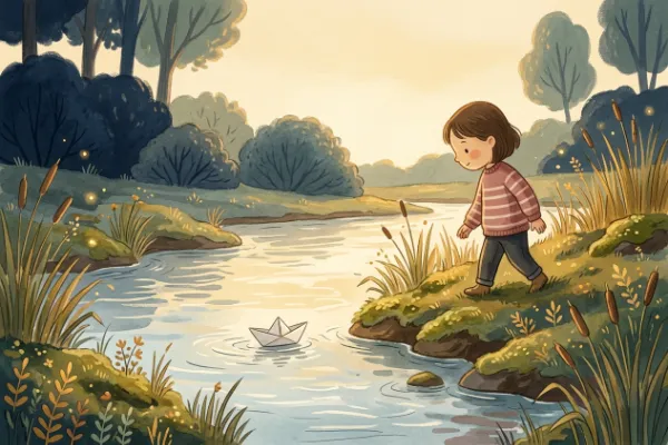 Papierboot auf einem Bach, Kind läuft am Ufer mit – Illustration zu Linas Papierboot
