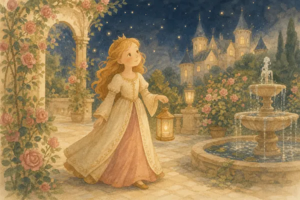 Prinzessin mit Laterne geht durch einen Schlossgarten mit Rosen – Illustration zu Prinzessin Pia und der schlafende Schlossgarten