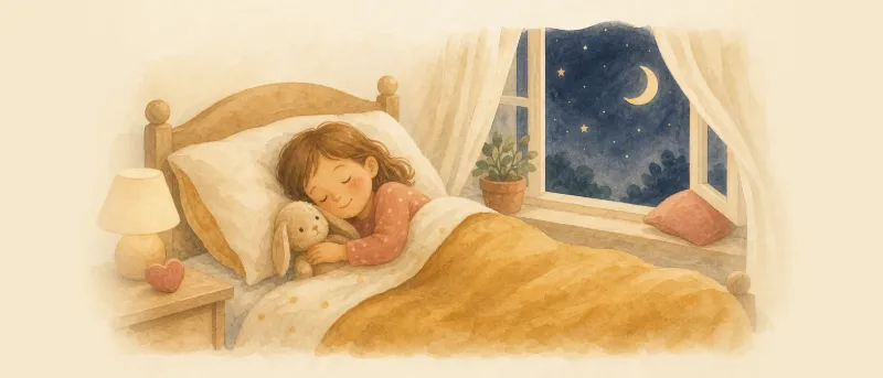 Lange Gute-Nacht-Geschichte zum Vorlesen: Kind liegt mit Kuscheltier im Bett, Mondlicht fällt durchs Fenster