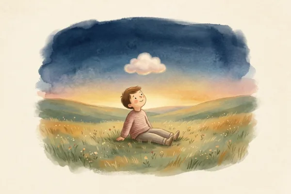 Kind auf einer Wiese in der Dämmerung, über ihm schwebt eine kleine weiche Wolke – Illustration zu Taro und die kleine Wolke