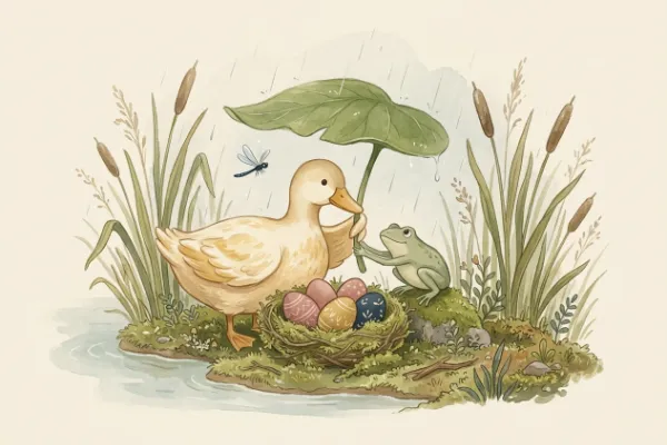 Ente Ella und Frosch Frerk bauen aus einem großen Blatt ein Dach über ein Osternest am Teich