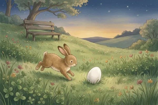 Ein weißes Ei rollt über die Kleewiese, Häsin Wippel hoppelt hinterher – Illustration zur Ostergeschichte ab 2 Jahren