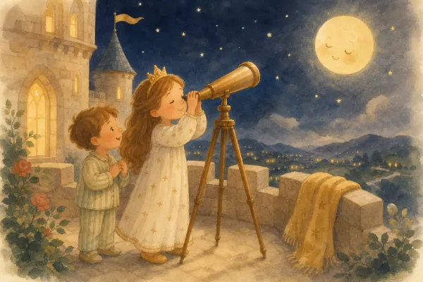 Prinzessin und Prinz schauen abwechselnd durch ein goldenes Fernrohr auf den Mond – Illustration zu Prinzessin Alina und Prinz Noa