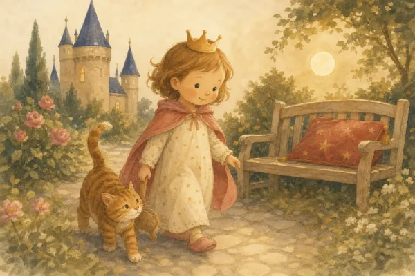 Kleines Mädchen sucht mit einem Kater im stillen Schlossgarten ein rotes Sternenkissen – Illustration zur Geschichte Prinzessin Selma