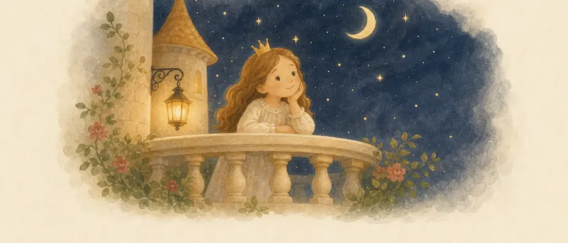 Prinzessin im Nachthemd schaut von einem Schlossturm in den Sternenhimmel – Titelbild zur Gute-Nacht-Geschichte mit Prinzessin