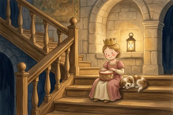 Prinzessin mit kleiner Holztrommel und Hund im leisen Schlosstreppenhaus – Illustration zur Geschichte Prinzessin Nela und die leise Trommel