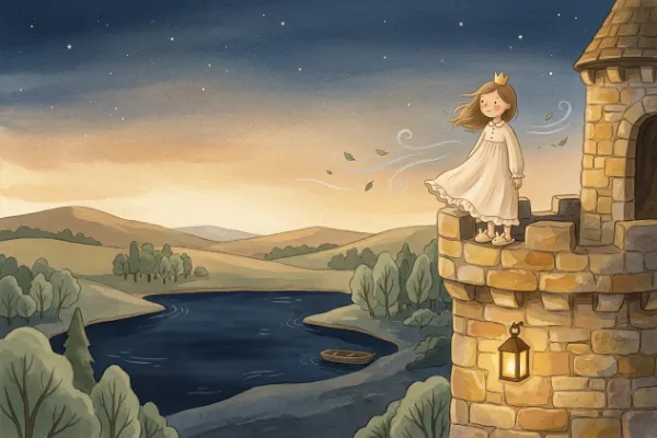 Prinzessin auf dem Schlossturm, ein kleiner Wind wirbelt um sie, unten schläft ein Boot – Illustration zur Geschichte Prinzessin Yara