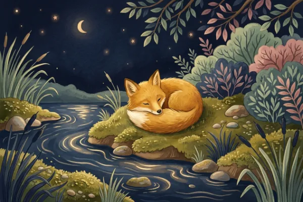 Fuchs liegt am Flussufer und lauscht dem leisen Wasser im Mondlicht