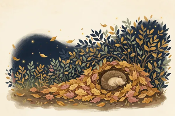 Igel rollt sich im Laubhaufen zusammen, daneben bewegt der Wind ein trockenes Blatt