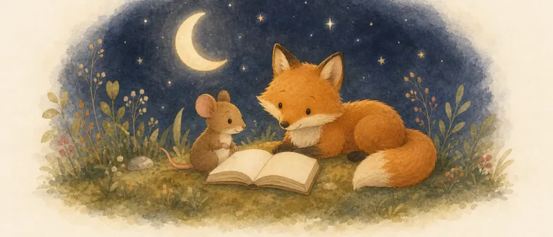 Maus und Fuchs kuscheln im Mondlicht neben einem aufgeschlagenen Bilderbuch – Gute-Nacht-Geschichte mit Tieren zum Vorlesen