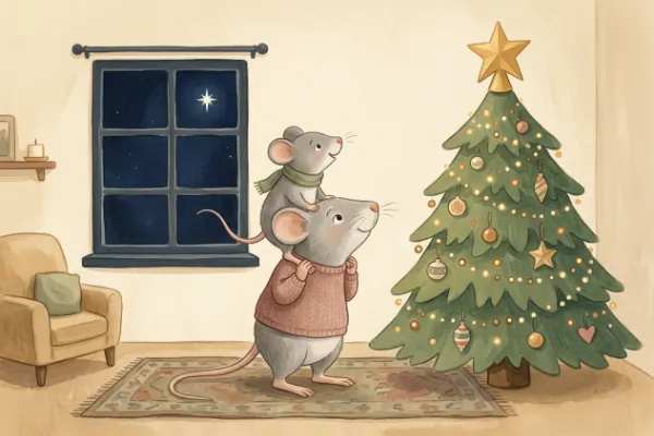 Kleine Maus auf den Schultern von Papa Maus betrachtet den goldenen Stern am Weihnachtsbaum: Weihnachtsgeschichte für Kinder.