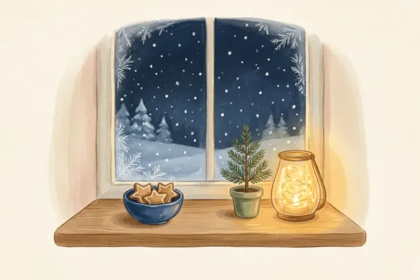 Sternförmige Plätzchen in einer blauen Schale auf dem Fensterbrett, dahinter verschneite Winterlandschaft am Abend