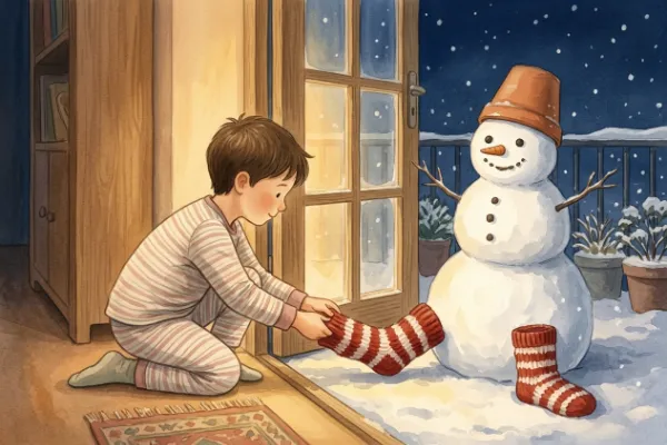 Kind zieht einem Schneemann im verschneiten Garten rote Wollsocken an, daneben Gartentopf als Hut