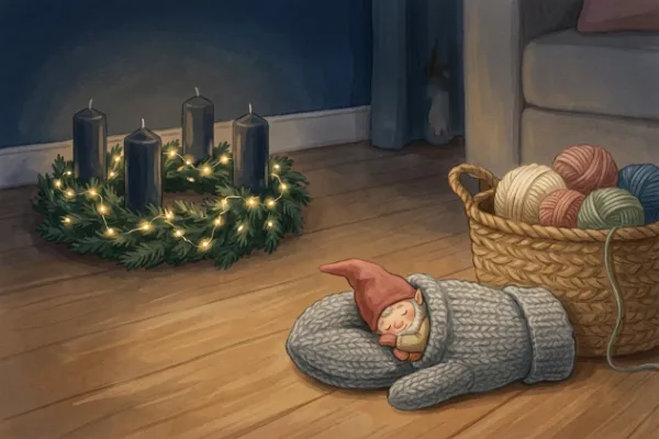 Kleiner Wichtel mit Zipfelmütze schläft eingerollt in einem gestrickten Fäustling neben dem Adventskranz