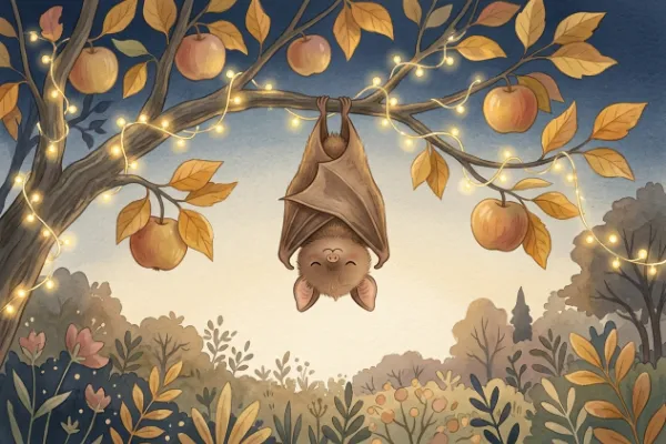 Kleine Fledermaus hängt kopfüber in einem Apfelbaum vor einer Lichterkette, Illustration zu einer Halloween-Geschichte für Kinder