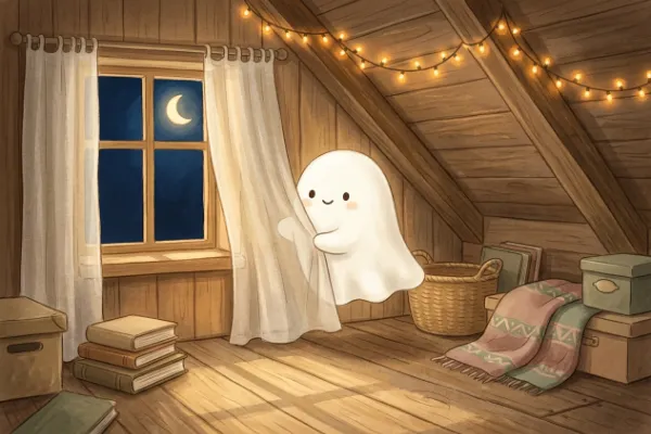 Freundlicher kleiner Geist hinter einem weißen Vorhang auf einem Dachboden, Illustration einer Halloween-Geschichte