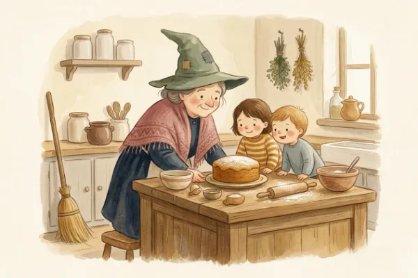 Freundliche Hexe mit grünem Hut backt mit zwei Kindern einen Honigkuchen, Bild zu einer Halloween-Geschichte