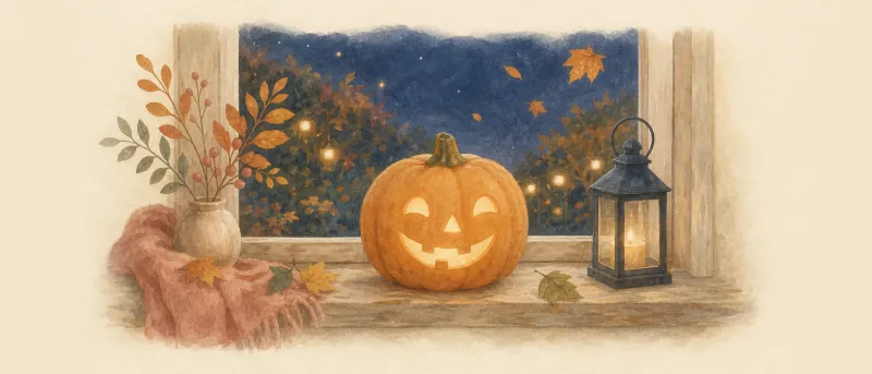 Lachende Kürbislaterne mit warmem Licht auf einer Fensterbank am Abend, Titelbild für eine Halloween-Geschichte zum Vorlesen