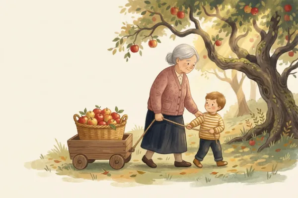 Milo und Oma Rosi ziehen einen vollen Apfelkorb im Wagen durch den Garten – Herbstgeschichte zum Anhören