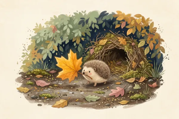 Igel Taps trägt ein raschelndes Blatt über den Gartenweg zur Hecke – Herbstgeschichte zum Vorlesen ab 2 Jahren