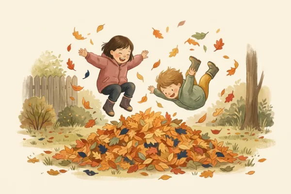 Frida und Ben springen lachend in einen großen Laubhaufen im Garten – lustige Herbstgeschichte für Kinder ab 4 Jahren