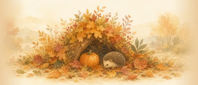 Herbstgeschichte für Kinder: buntes Laub, ein Kürbis und ein Igel in warmem Herbstlicht – Titelbild zum Vorlesen und Anhören