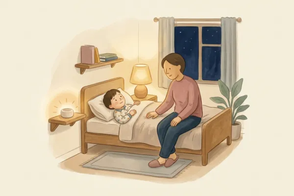 Ein Kind hört abends im Bett mit Mama oder Papa eine Geschichte – Hörgeschichten