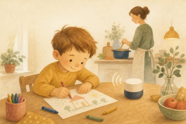 Ein Kind malt am Küchentisch und hört dabei eine Geschichte – Hörgeschichten