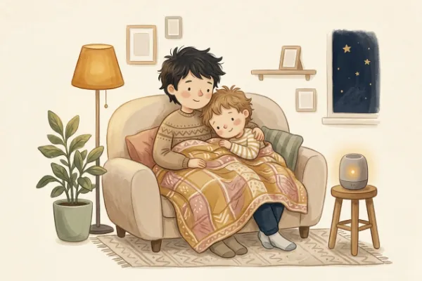 Ein Kind hört mit dem Geschwisterkind auf dem Sofa eine Geschichte – Hörgeschichten