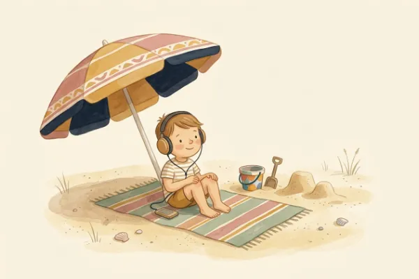 Ein Kind hört im Urlaub im Schatten eine Geschichte – Hörgeschichten