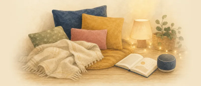 Hörgeschichten für Kinder: gemütliche Ecke mit Kissen, Decke, Bilderbuch und kleinem Lautsprecher