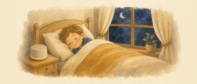 Kind liegt abends im Bett und hört ein Hörspiel zum Einschlafen über einen kleinen Lautsprecher
