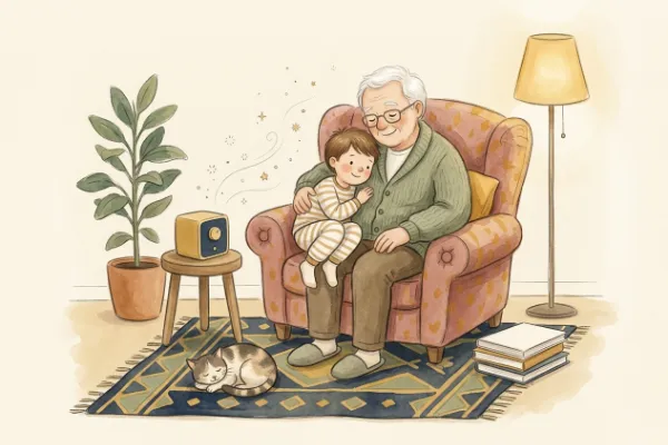 Ein Kind hört mit Oma oder Opa im Sessel eine Geschichte – Kinderbücher ab 2 Jahren