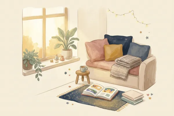 Kuschelige Leseecke mit Kissen, Decke und aufgeschlagenem Bilderbuch am Fenster