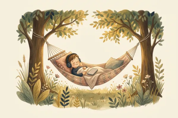 Ein Kind hört in der Hängematte im Garten eine Geschichte – Kinderbücher ab 3 Jahren