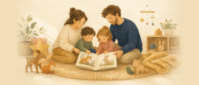 Kinderbücher ab 3 Jahren: aufgeschlagene Bilderbücher, Holztiere und eine Wolldecke auf einem hellen Teppich
