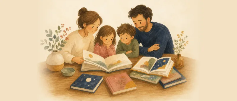 Stapel und aufgeschlagene Bilderbücher auf einem Holztisch – Kinderbücher ab 4 Jahren für das gemeinsame Vorlesen