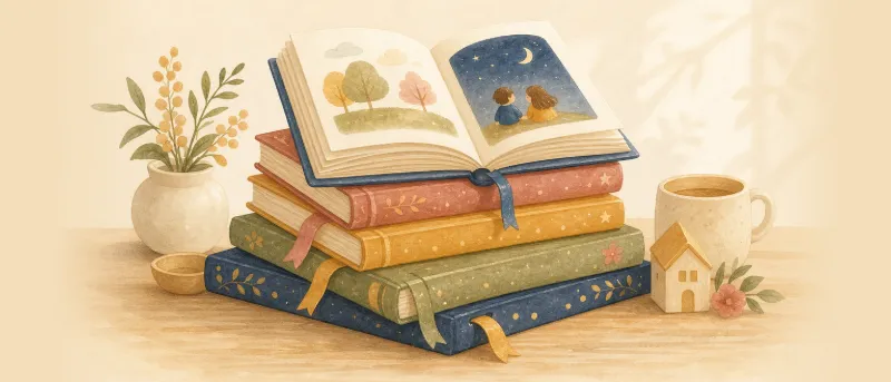 Stapel bunter Kinderbücher ab 6 Jahren mit Lesebändchen auf einem Holztisch