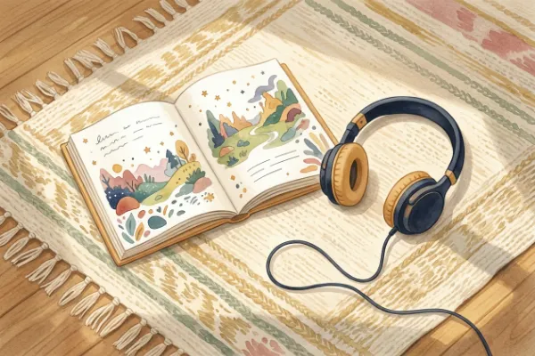 Kopfhörer und aufgeschlagenes Kinderbuch auf einem Teppich – Hörgeschichte und Buch ergänzen sich