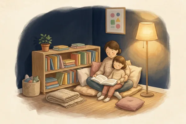 Gemütliche Vorleseecke mit Kissen, Decke und Regal voller Kinderbücher ab 6 Jahren