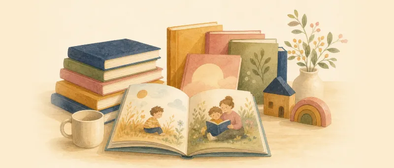 Stapel bunter Kinderbücher mit aufgeschlagenem Bilderbuch auf einem hellen Holztisch – Titelbild für Kinderbücher nach Alter