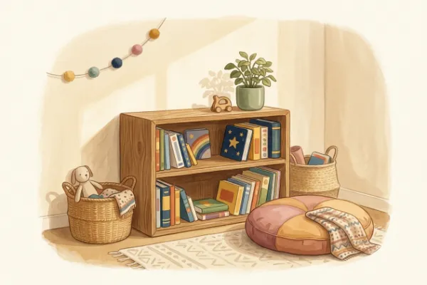 Bücherregal in Kinderhöhe mit Bilderbüchern und Büchern mit dicken Seiten, davor ein Sitzkissen