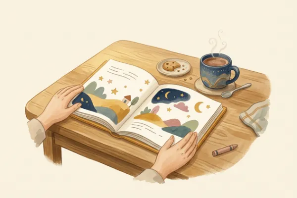 Hände halten ein aufgeschlagenes Bilderbuch, daneben eine Tasse Kakao auf dem Küchentisch