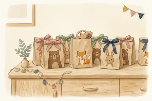 Mitgebsel-Tüten mit Tiermotiven und bunten Bändern für die kleinen Gäste beim Kindergeburtstag mit 3 Jahren