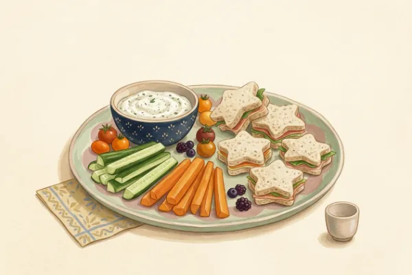 Teller mit Gemüsesticks, Quark-Dip und Mini-Sandwiches in Sternform für kleine Gäste