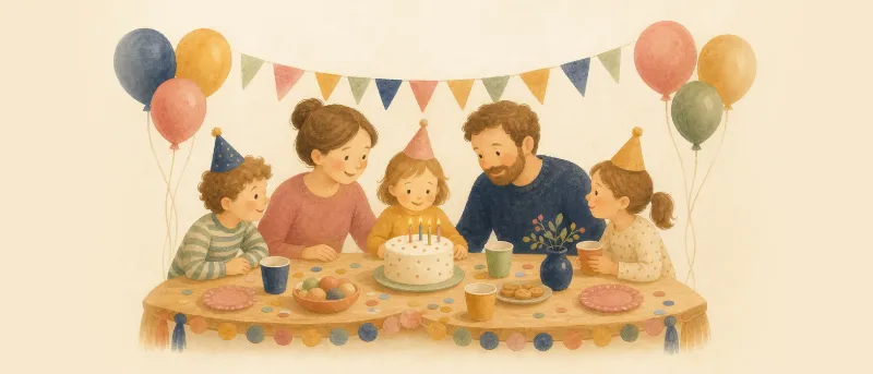 Festlich gedeckter Tisch mit bunten Wimpelketten, Luftballons und Pappgeschirr für einen Kindergeburtstag mit 3 Jahren