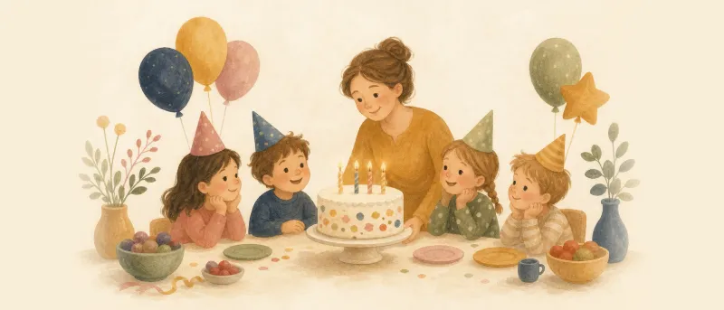 Titelbild: Kindergeburtstag mit 4 Jahren – bunt gedeckter Tisch mit Zahl 4 aus Kerzen, Luftballons und kleinen Gästen