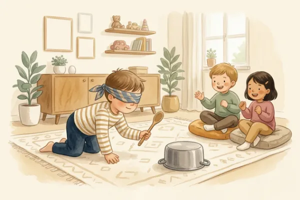Kind mit verbundenen Augen schlägt mit einem Holzlöffel auf einen umgedrehten Topf, andere Kinder rufen und lachen